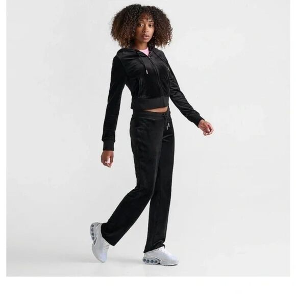 Juicy Couture Y2K Wide Leg Black Velour Pull On Waist Track Pants  Med - Picture 1 of 5